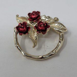 Gerry Vintage Circle Pin Brooch Red Flowers Silver